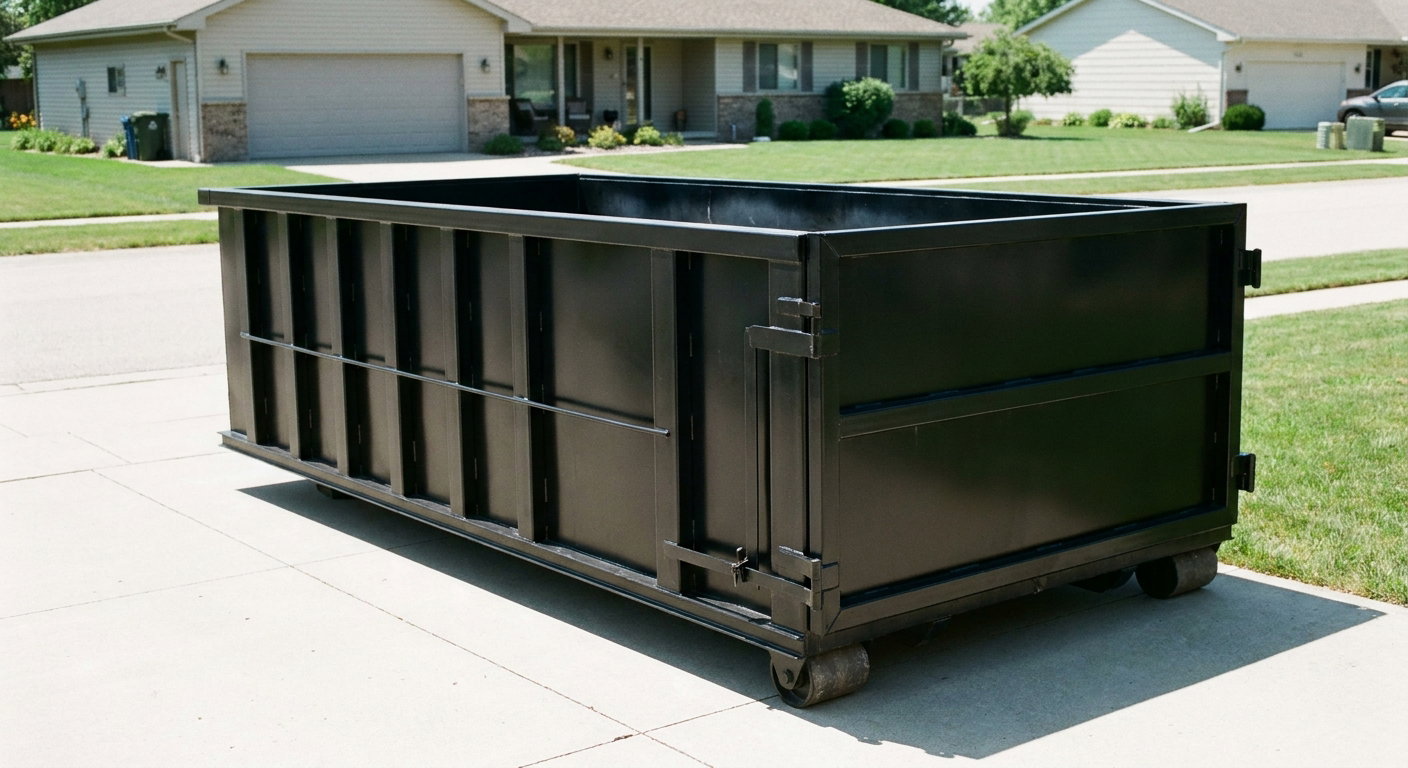 Matte-black 10-yard roll-off dumpster on a residential concrete driveway in Cranston, uniformly painted matte black across every panel and rail, ribbed steel sidewalls and rear swing door visible, mid-day daylight.