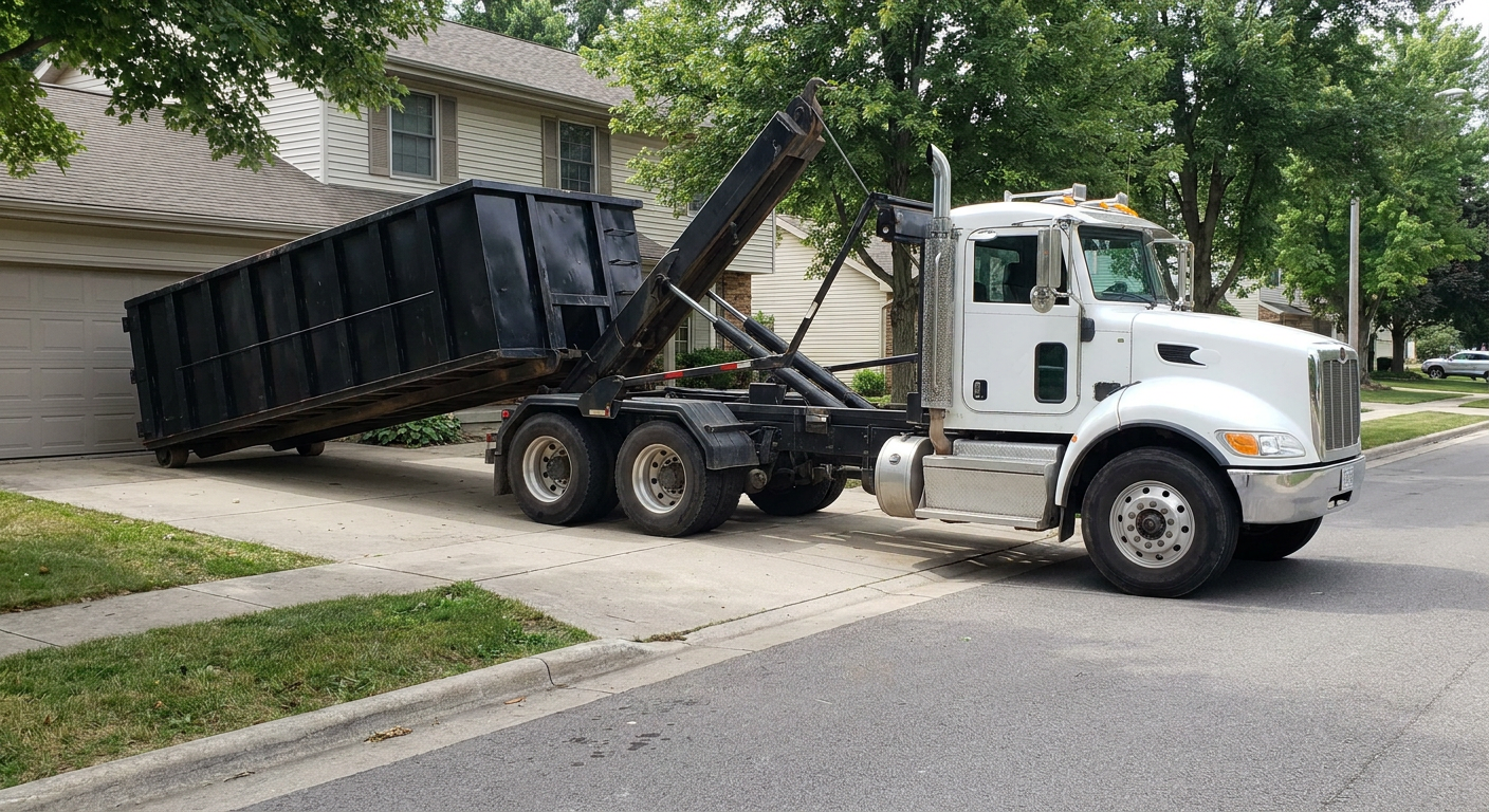 White-cab hooklift roll-off truck actively lowering a matte-black dumpster onto a Cranston residential concrete driveway, the dumpster's rear wheels touching the driveway as the hoist arm tilts the bed forward, mid-morning daylight.